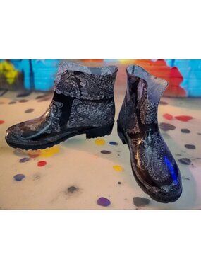 Boots Rain Garden Slip On Rubber Paisley Ankle Women 8 XL 39